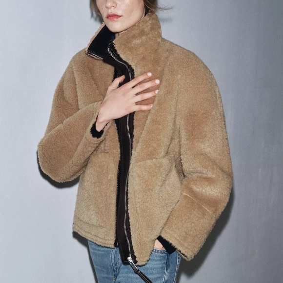 NWT Zara | ZW COLLECTION FAUX SHEARLING DOUBLE-FACED Tan Teddy Jacket for Women - Picture 7 of 17